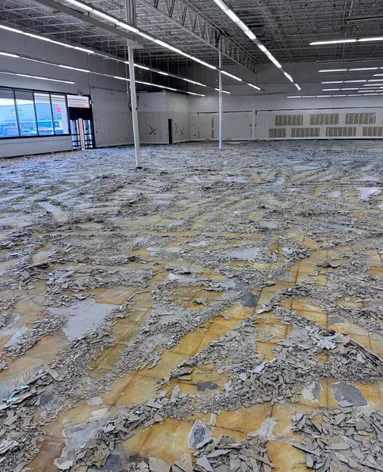 Retail floor plate during demolition, tile broken up and adhesive exposed